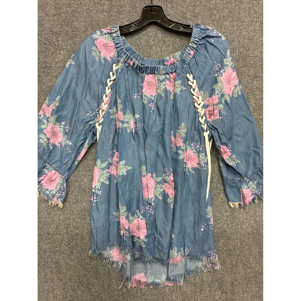 Ali Miles Floral Denim Tunic Top Lace Up Sides Frayed Hem Blue Pink Large